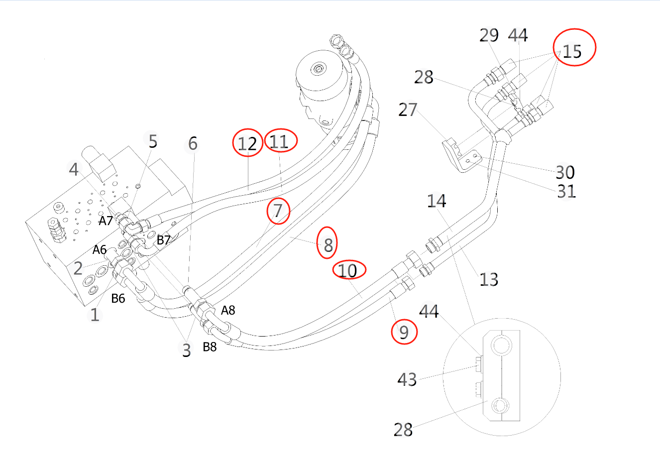 Sunward SWE150E installation diagram showing hydraulic hose 730504004314 at Pipe No. 8