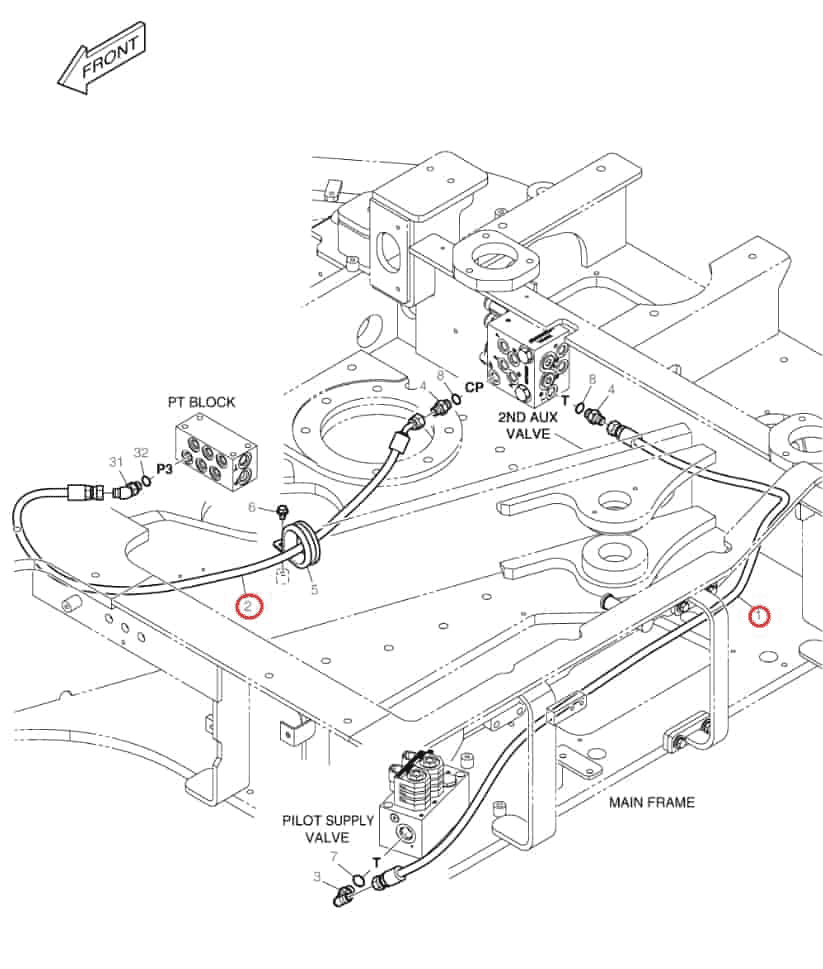 Doosan DX62R-3 installation diagram showing hydraulic hose DS2094170 at Pipe No. 1