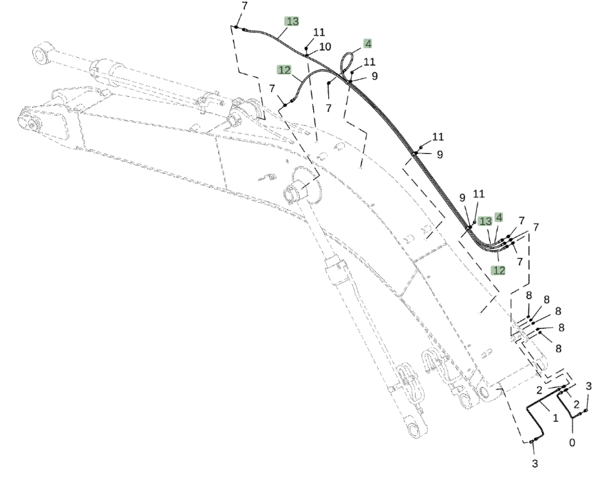Hitachi ZX210LC-6N installation diagram showing hydraulic hose 4483563 at Pipe No. 12
