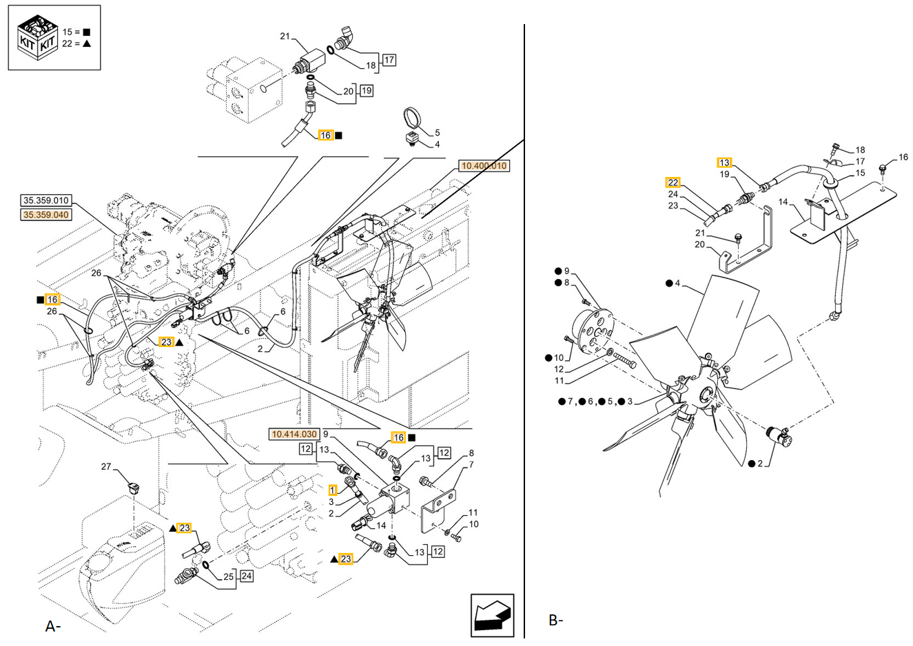 Case CX240E NHD installation diagram showing hydraulic hose KHJ2194 at Pipe No. 23