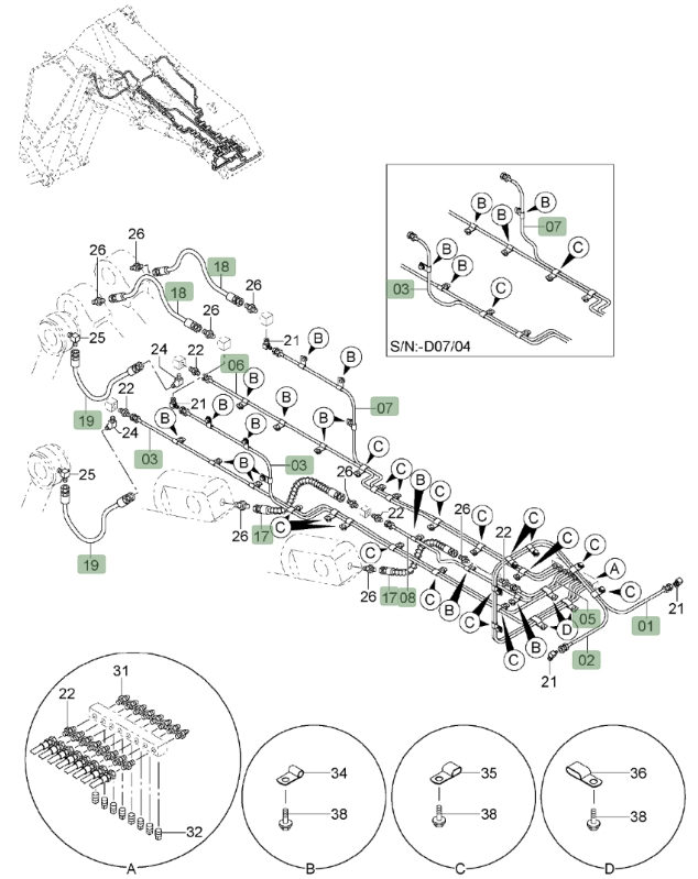 Hitachi ZX850LC-3 installation diagram showing hydraulic hose 4367712 at Pipe No. 18