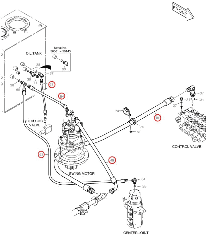 Doosan DX80R installation diagram showing hydraulic hose 2184-1036D342 at Pipe No. 49