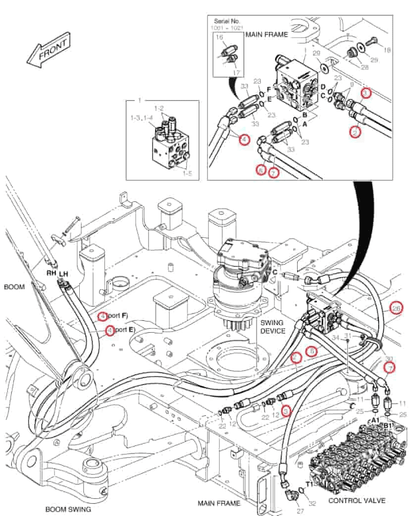 Doosan DX63-3 installation diagram showing hydraulic hose DS2133010 at Pipe No. 7
