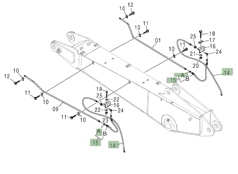 Hitachi ZX200LC installation diagram showing hydraulic hose 4601514 at Pipe No. 14