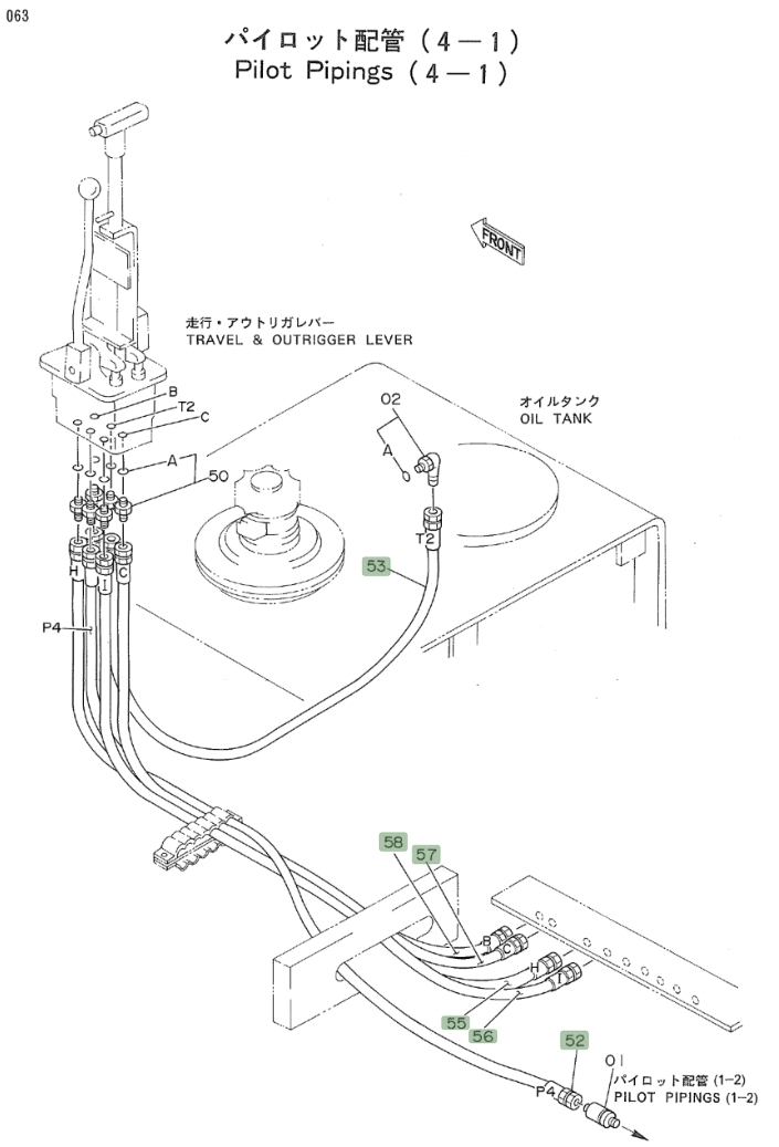 Hitachi EX160WD installation diagram showing hydraulic hose 4224498 at Pipe No. 52