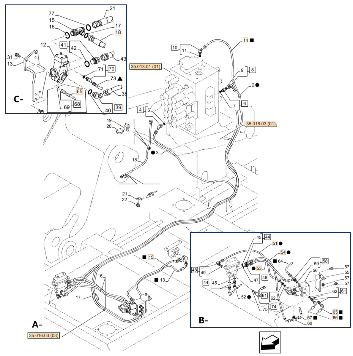 Case CX210C LC installation diagram showing hydraulic hose KHJ12240 at Pipe No. 14