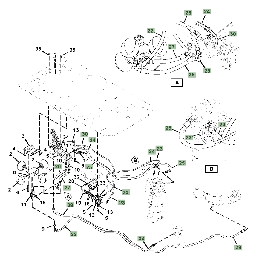 Hitachi ZX190W-6N installation diagram showing hydraulic hose 4724127 at Pipe No. 25