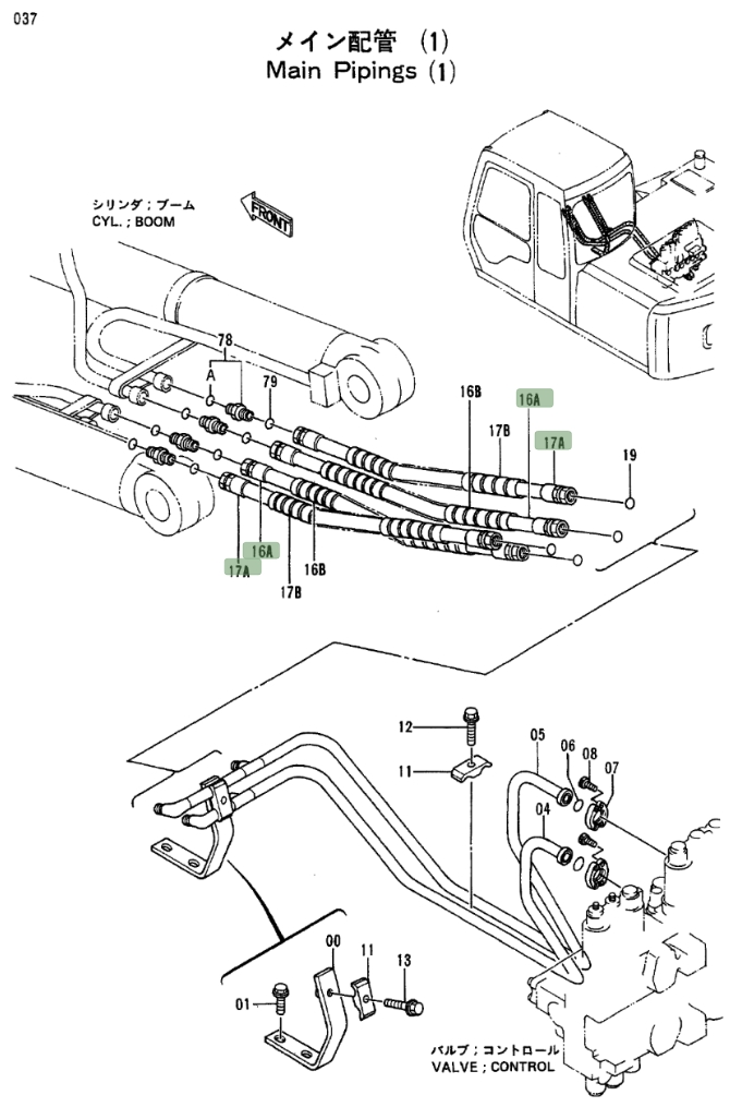 Hitachi EX100-2 installation diagram showing hydraulic hose 4254436 at Pipe No. 16A