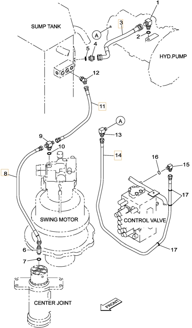 Case CX300B installation diagram showing hydraulic hose KBJ11430 at Pipe No. 3