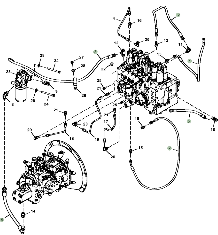 Hitachi ZX130-5G installation diagram showing hydraulic hose 4489054 at Pipe No. 5