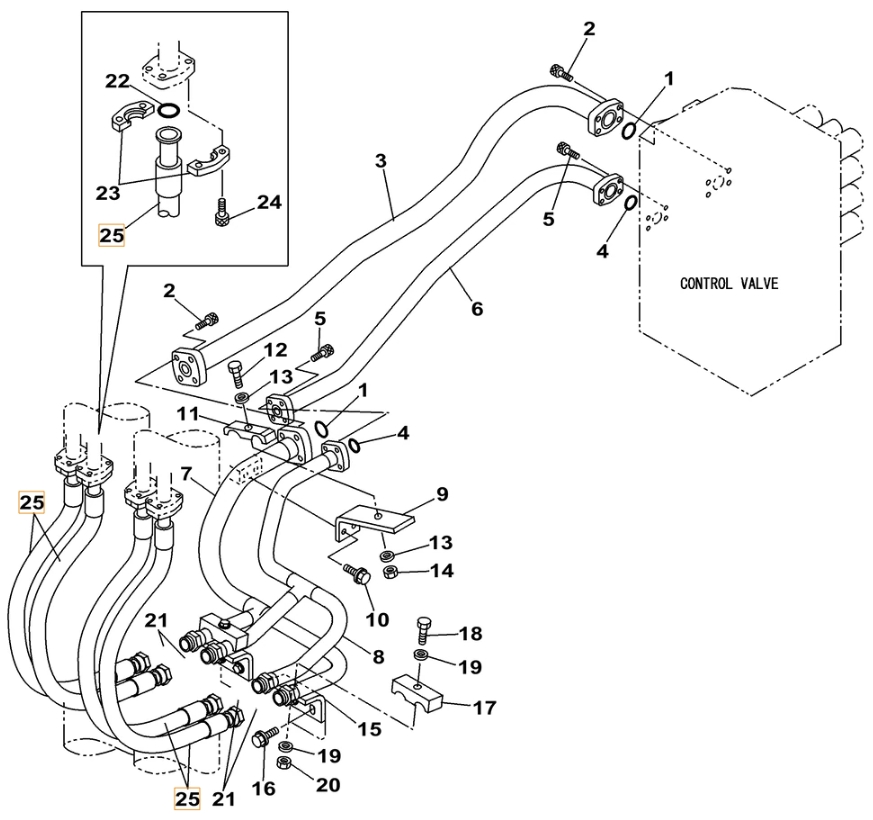 Case CX490C-8 LC installation diagram showing hydraulic hose KTJ13470 at Pipe No. 25