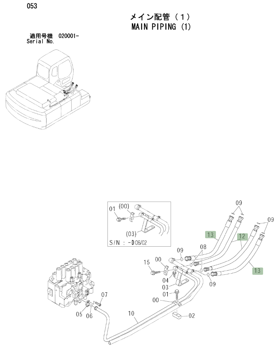 Hitachi ZX270LC installation diagram showing hydraulic hose 4388137 at Pipe No. 12