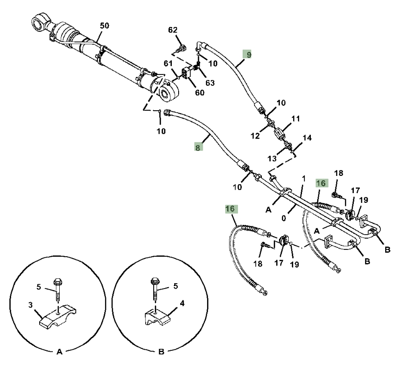 Hitachi ZX470-5A installation diagram showing hydraulic hose 4272697 at Pipe No. 8