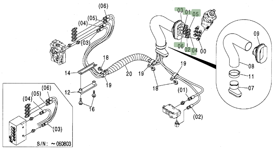 Hitachi ZX80 installation diagram showing hydraulic hose 4449985 at Pipe No. 2