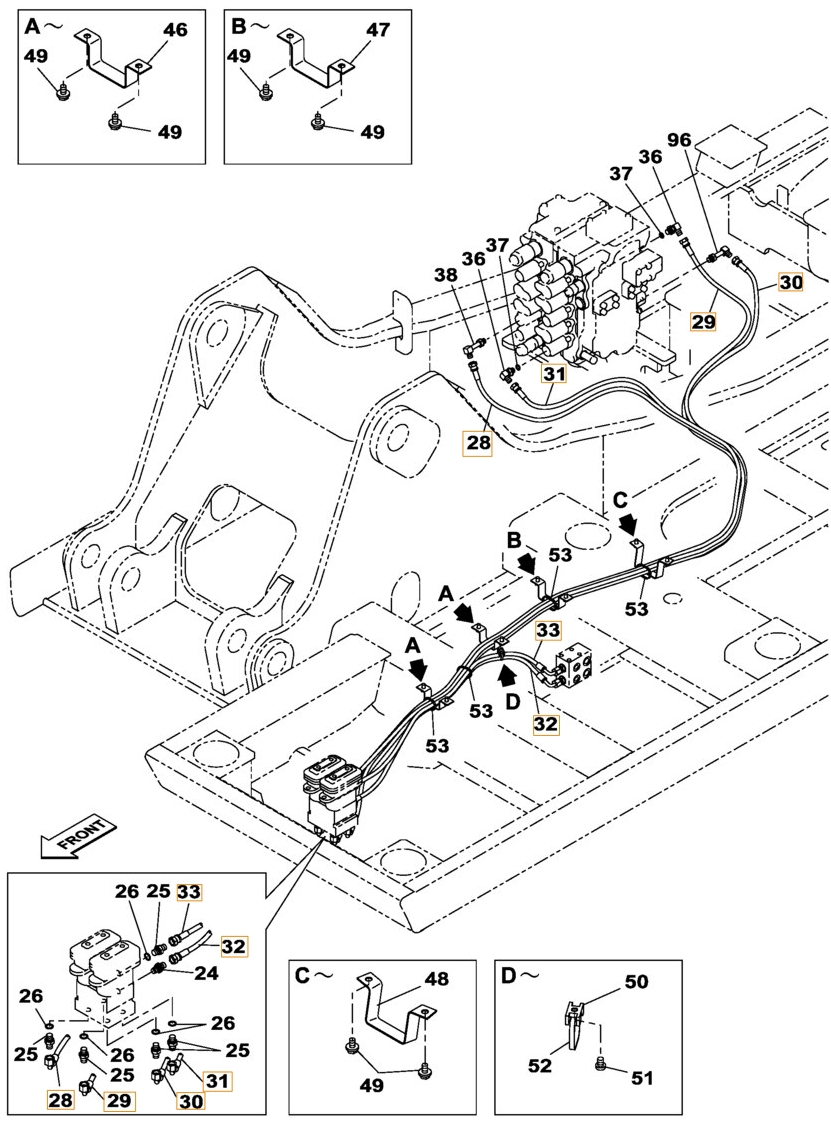 Case CX180B installation diagram showing hydraulic hose KHJ2198 at Pipe No. 29