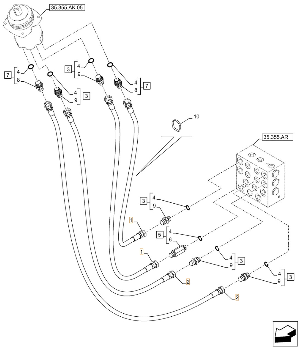 Case CX490D LC installation diagram showing hydraulic hose 168025A1 at Pipe No. 1