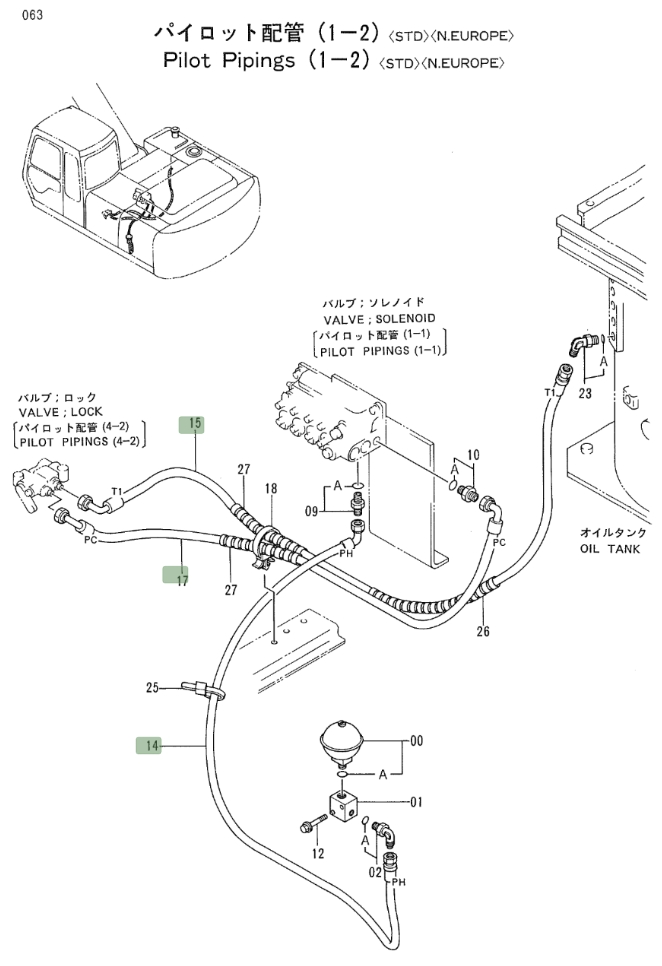 Hitachi EX200LC-2 installation diagram showing hydraulic hose 4284967 at Pipe No. 15