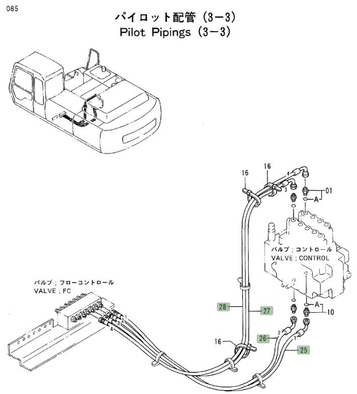 Hitachi EX300LC-2 installation diagram showing hydraulic hose 4313704 at Pipe No. 28