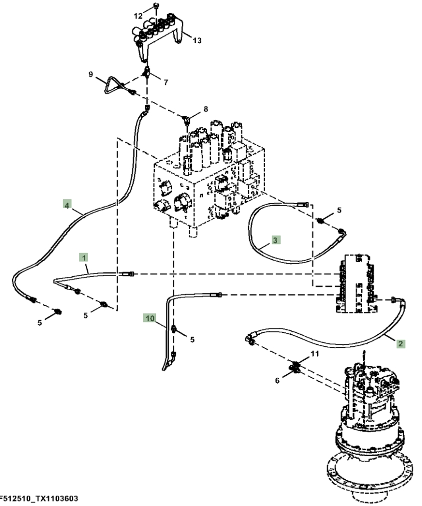 Hitachi ZX210-5N installation diagram showing hydraulic hose 4427111 at Pipe No. 1