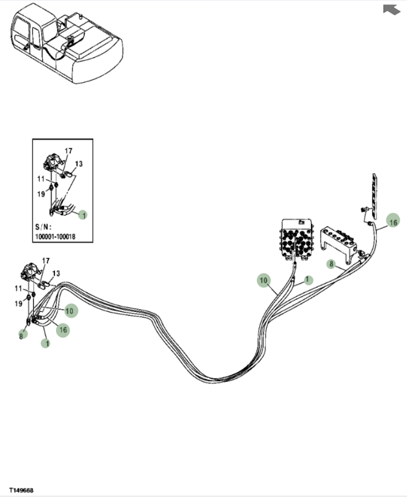 Hitachi ZX200F installation diagram showing hydraulic hose 4437175 at Pipe No. 16