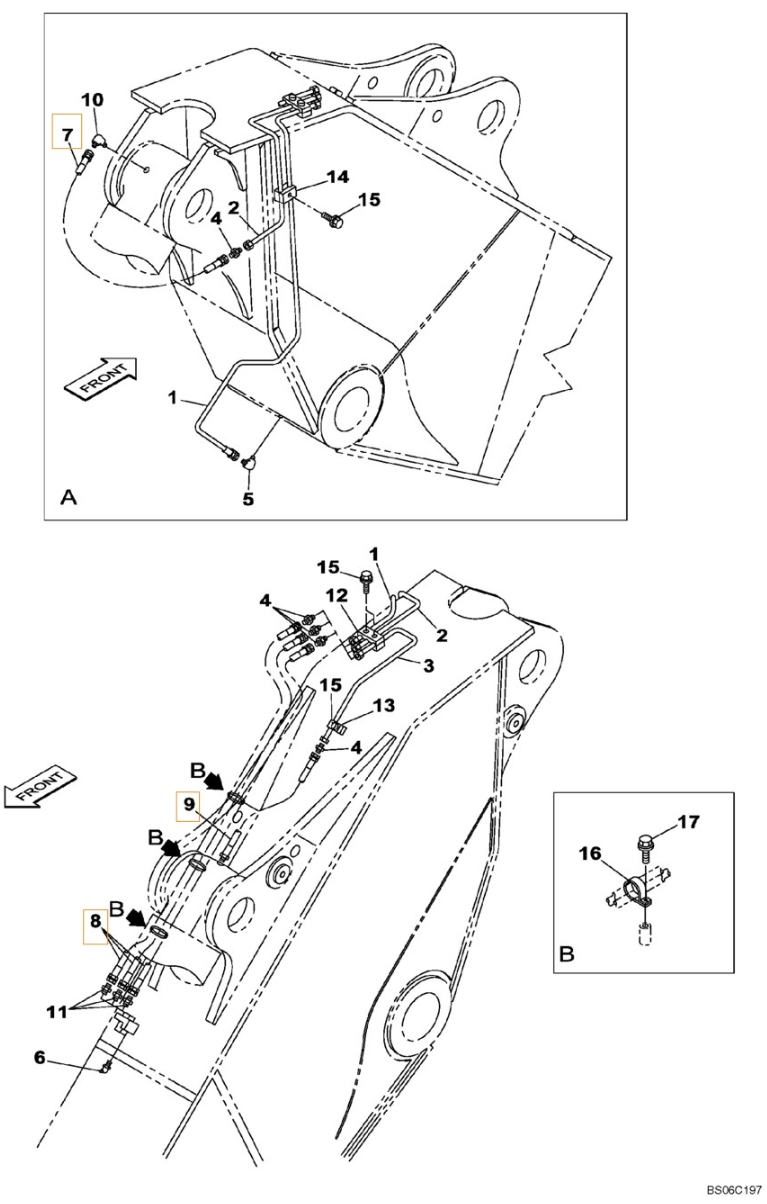 Case CX700 installation diagram showing hydraulic hose KHJ2047 at Pipe No. 7
