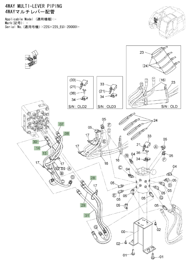 Hitachi ZX225USLC-3 installation diagram showing hydraulic hose 4665992 at Pipe No. 30
