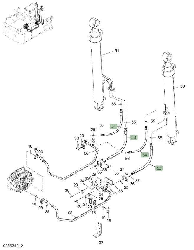 Hitachi ZX650LC-3 installation diagram showing hydraulic hose 4644297 at Pipe No. 54