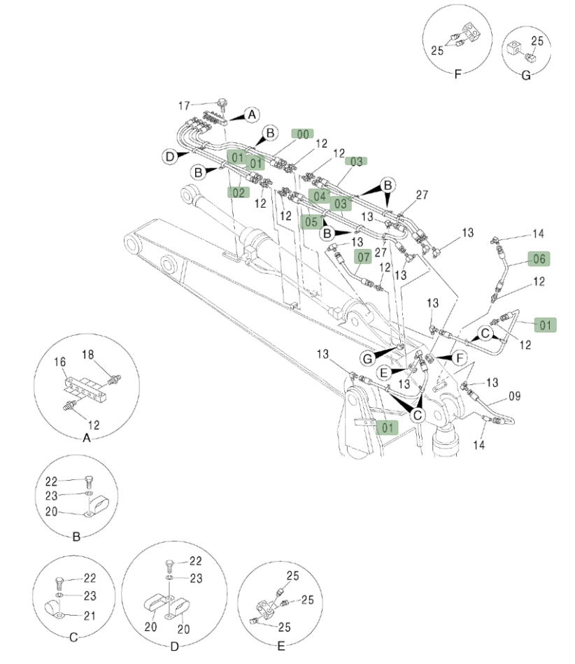 Hitachi ZX450LC installation diagram showing hydraulic hose 4214424 at Pipe No. 7