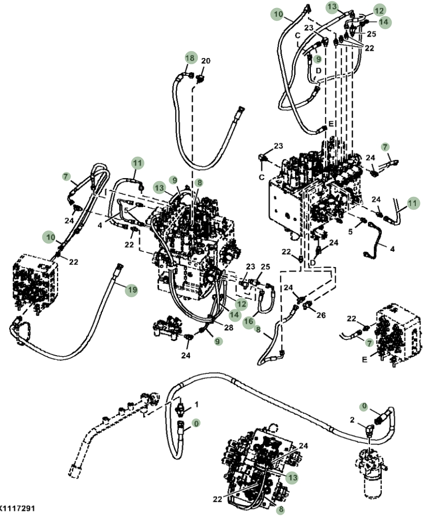 Hitachi ZX135US-6N installation diagram showing hydraulic hose 4701871 at Pipe No. 19