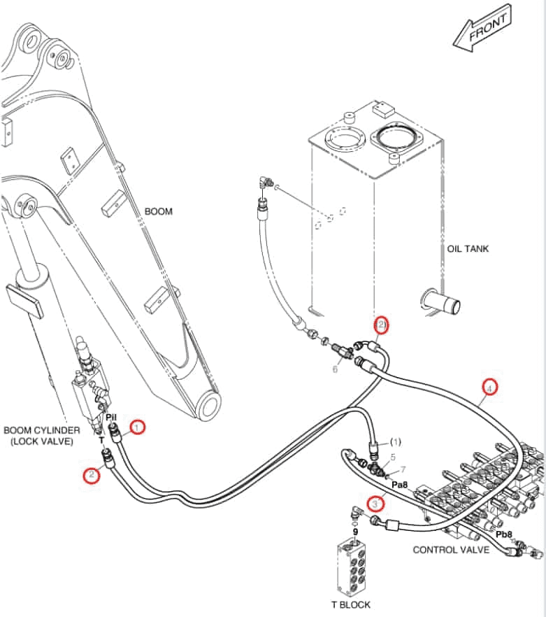 Doosan DX27Z installation diagram showing hydraulic hose DS2093115 at Pipe No. 3