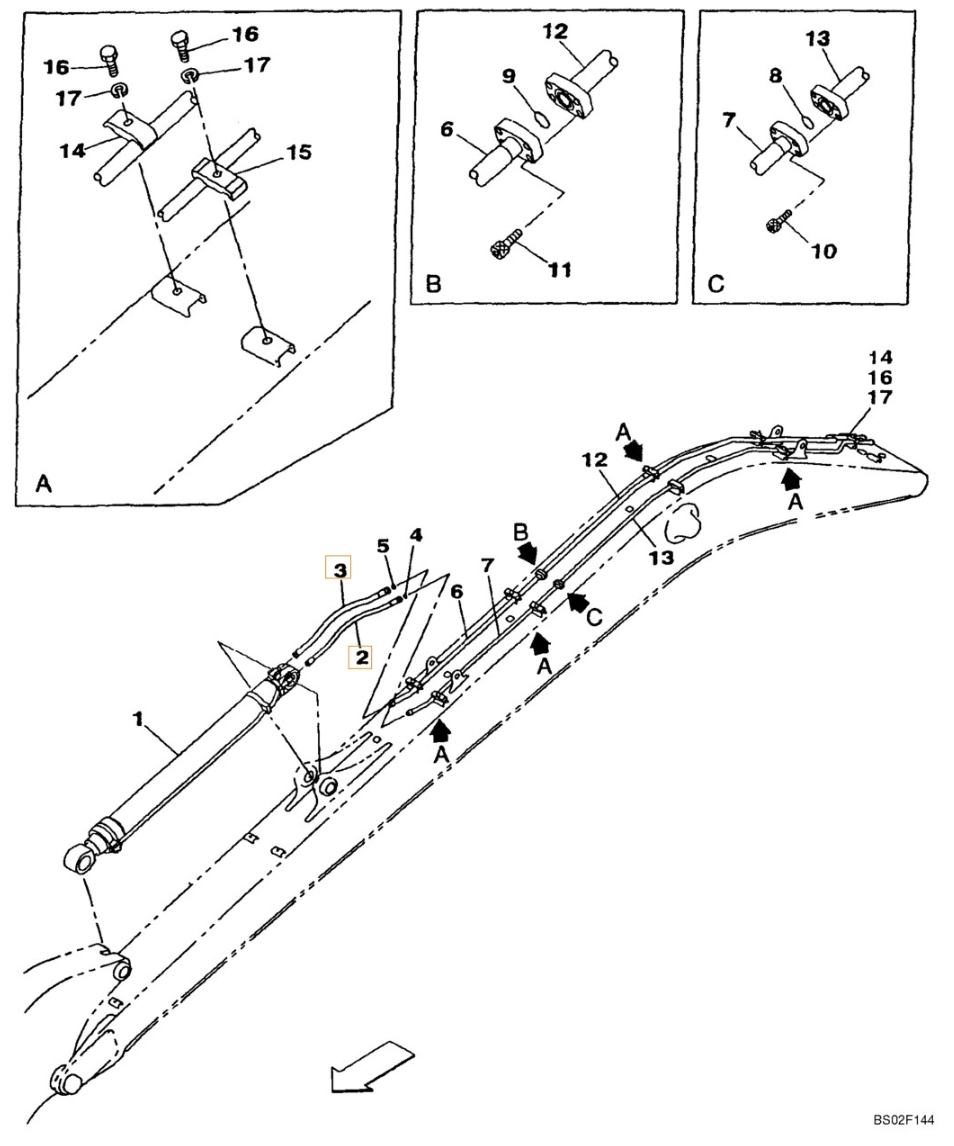 Case CX210LR installation diagram showing hydraulic hose KRV2405 at Pipe No. 2