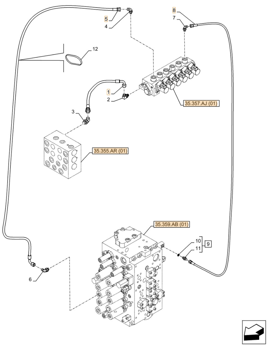 Case CX300D LC installation diagram showing hydraulic hose KHJ2190 at Pipe No. 8