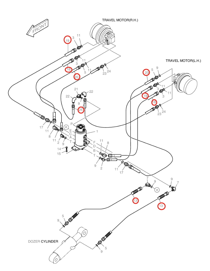 Doosan DX18 installation diagram showing hydraulic hose 2184-1045D90 at Pipe No. 20