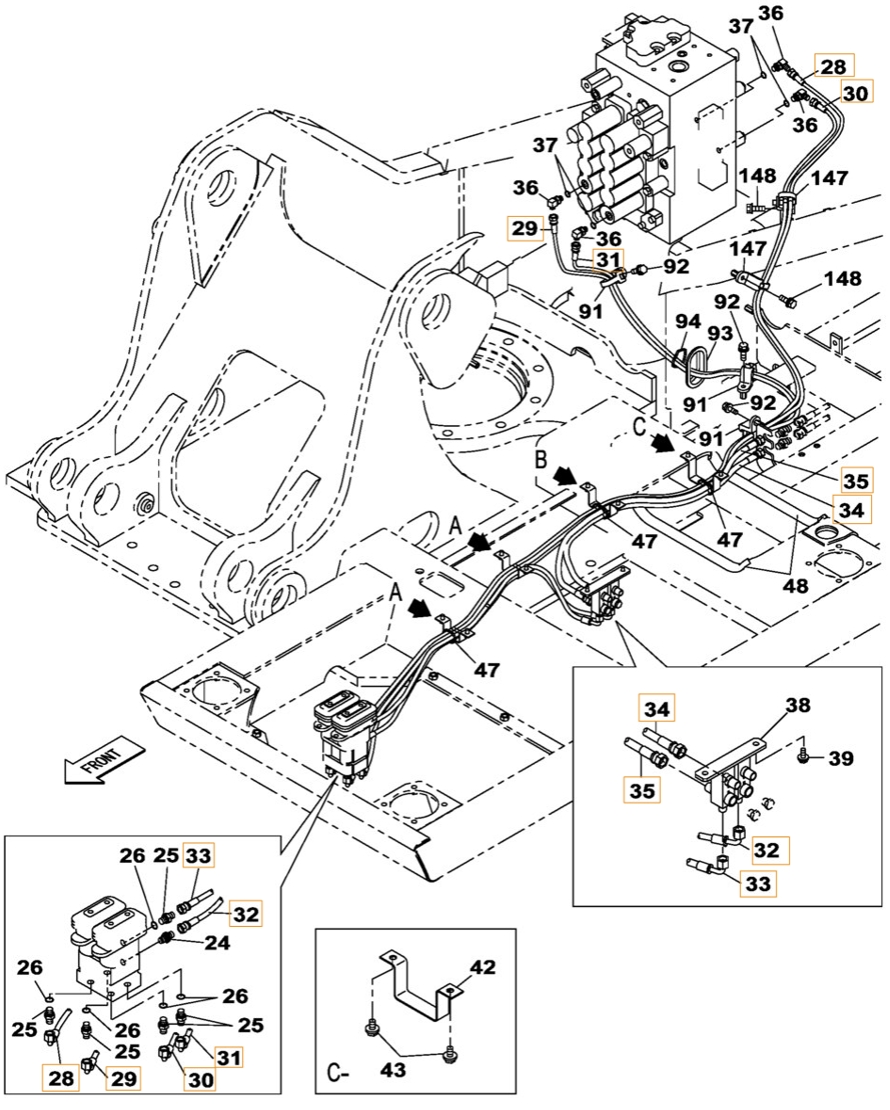 Case CX210C LR installation diagram showing hydraulic hose KHJ2581 at Pipe No. 28