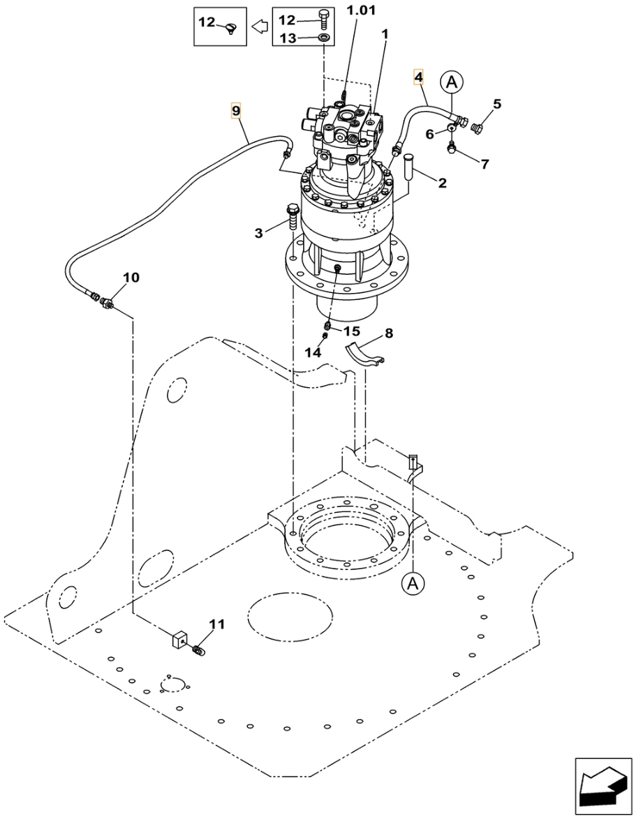 Case CX210C-8 installation diagram showing hydraulic hose KHJ14930 at Pipe No. 9