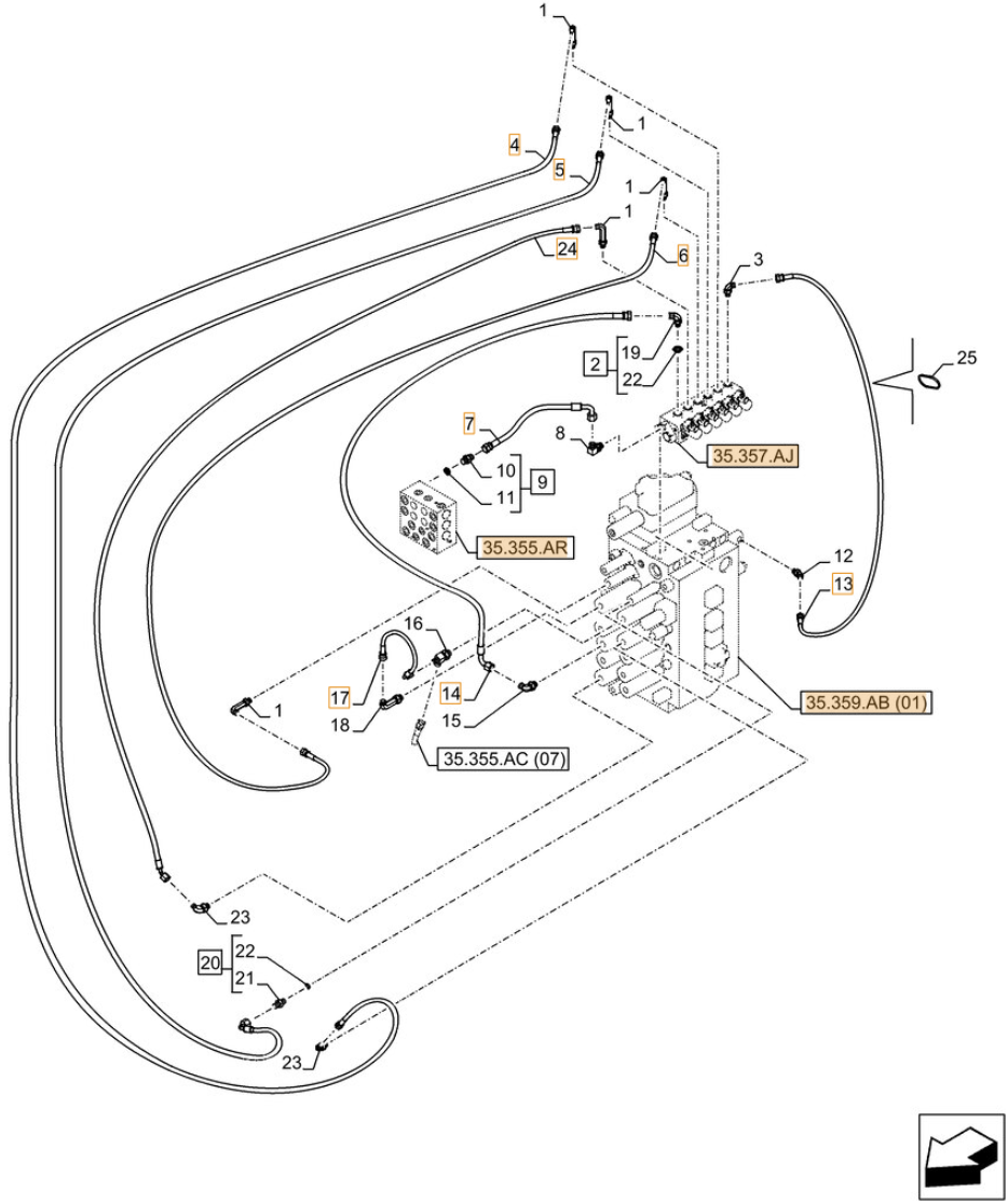 Case CX250D LC LR installation diagram showing hydraulic hose KHJ14910 at Pipe No. 24
