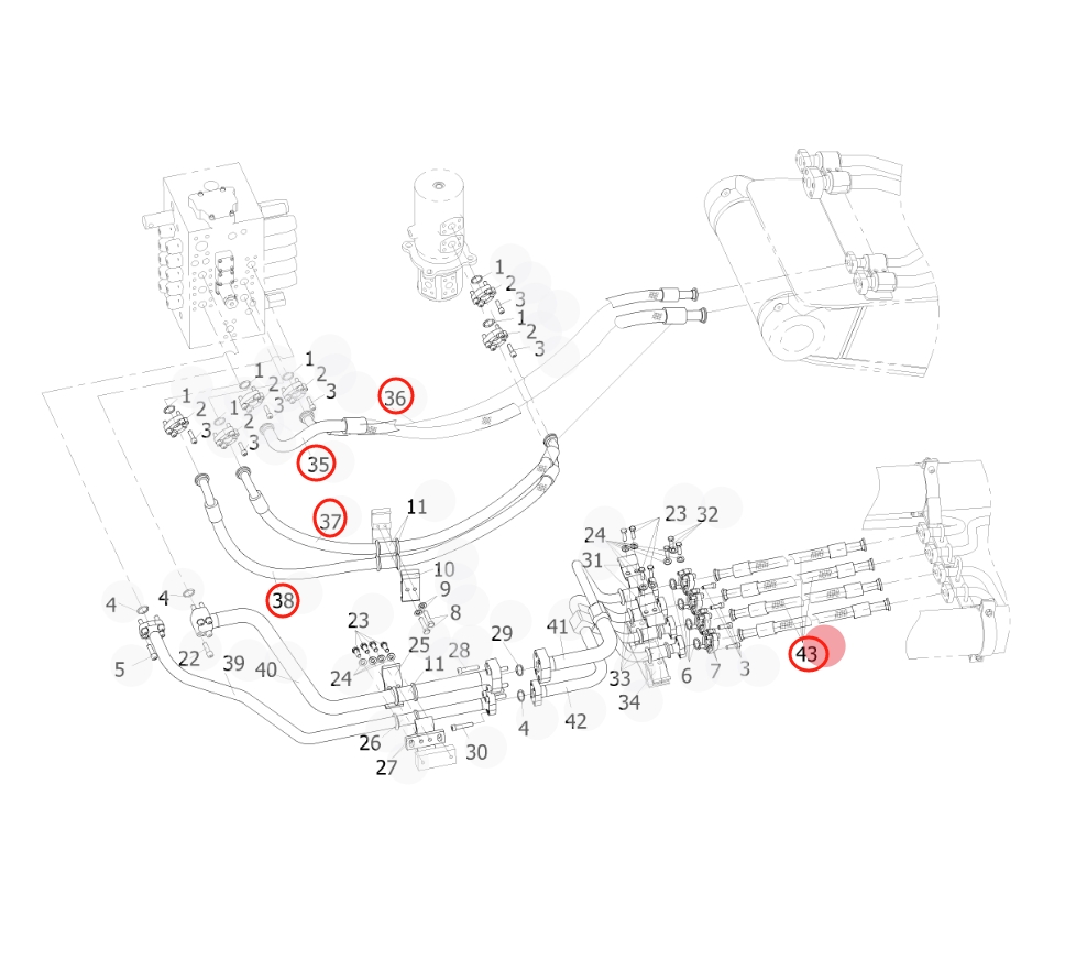 Sunward SWE215F-5 installation diagram showing hydraulic hose 730503000610 at Pipe No. 38