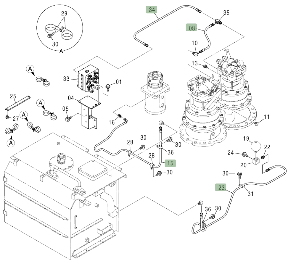 Hitachi ZX600LC installation diagram showing hydraulic hose 4453229 at Pipe No. 23