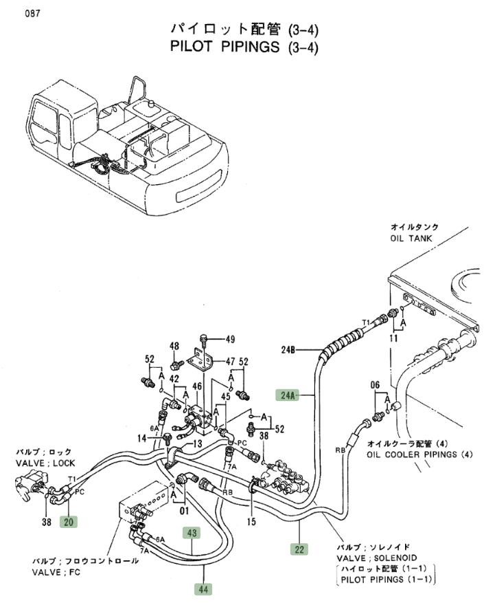 Hitachi EX300LC-3 installation diagram showing hydraulic hose 4313705 at Pipe No. 24A