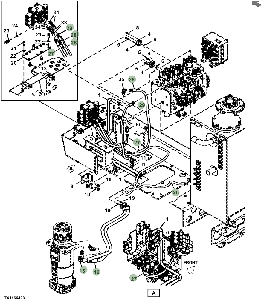 Hitachi ZX190W-5N installation diagram showing hydraulic hose 4489882 at Pipe No. 29