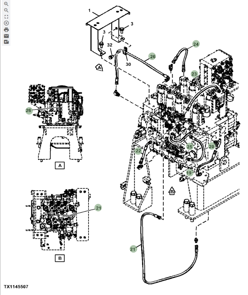 Hitachi ZX670LC-5G installation diagram showing hydraulic hose 4713502 at Pipe No. 21