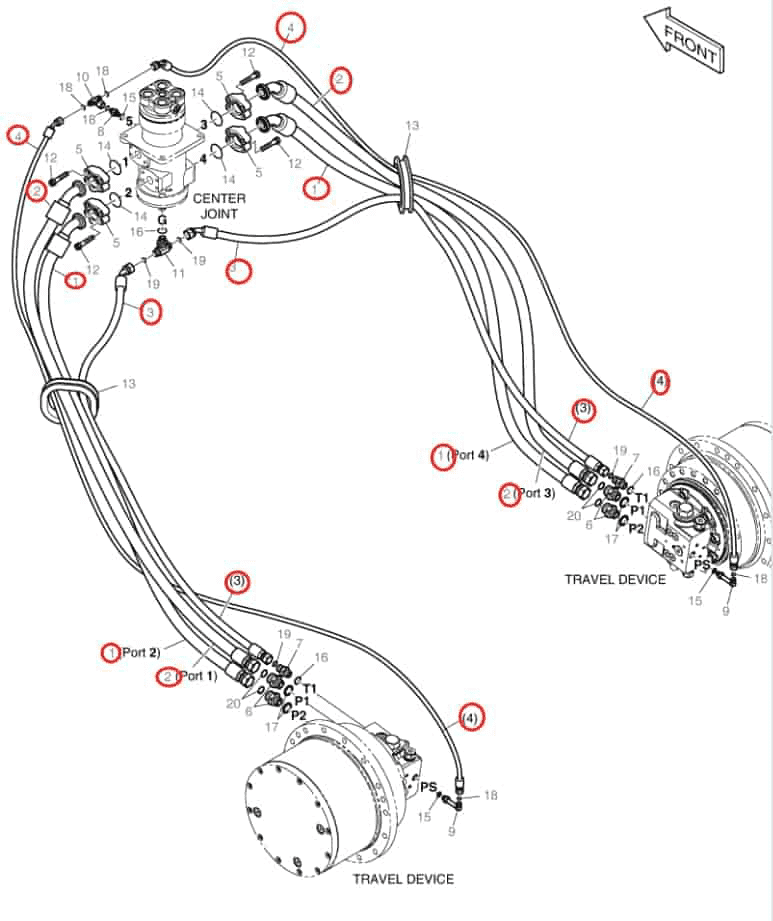 Doosan DX140LCR-3 installation diagram showing hydraulic hose DS2017104 at Pipe No. 2
