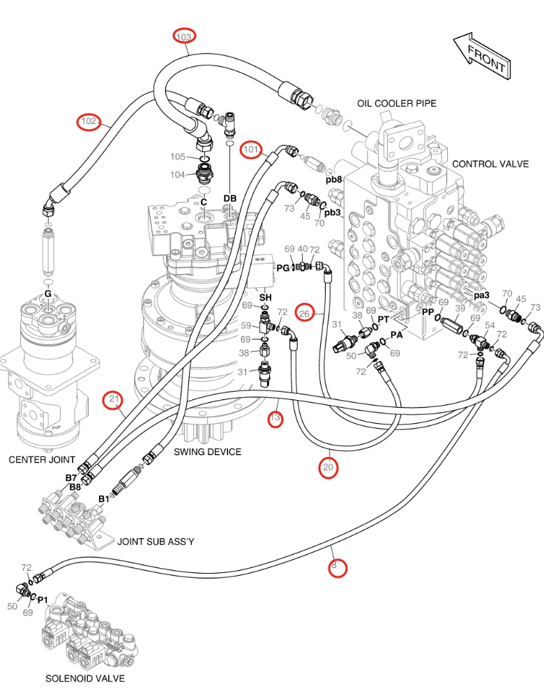 Doosan DX160LC-5 installation diagram showing hydraulic hose DS2121297 at Pipe No. 13