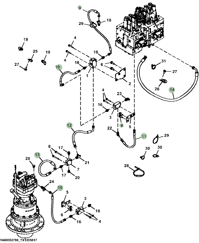 Hitachi ZX130-6N installation diagram showing hydraulic hose 4441884 at Pipe No. 12
