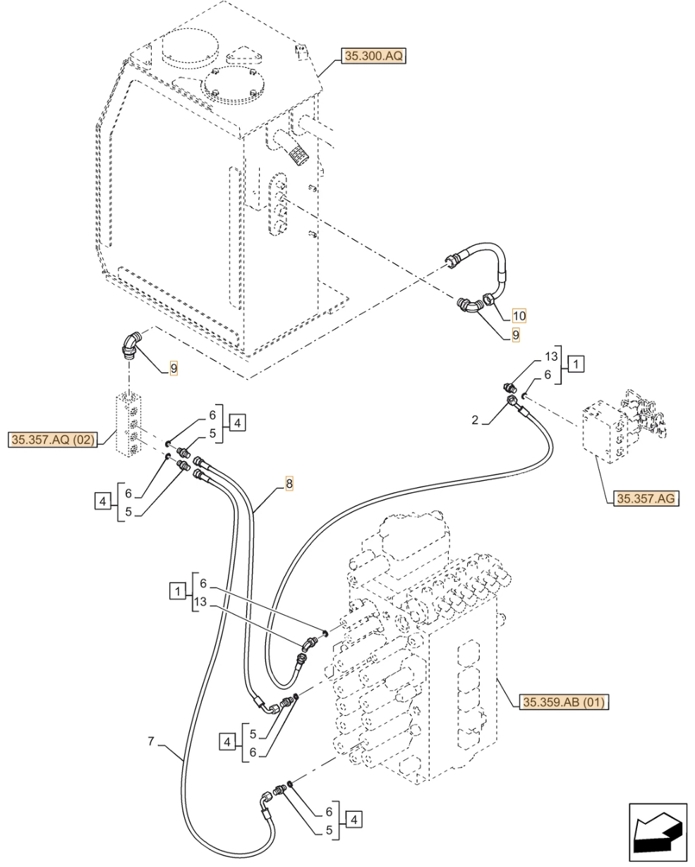 Case CX370D NLC installation diagram showing hydraulic hose KHJ2381 at Pipe No. 7