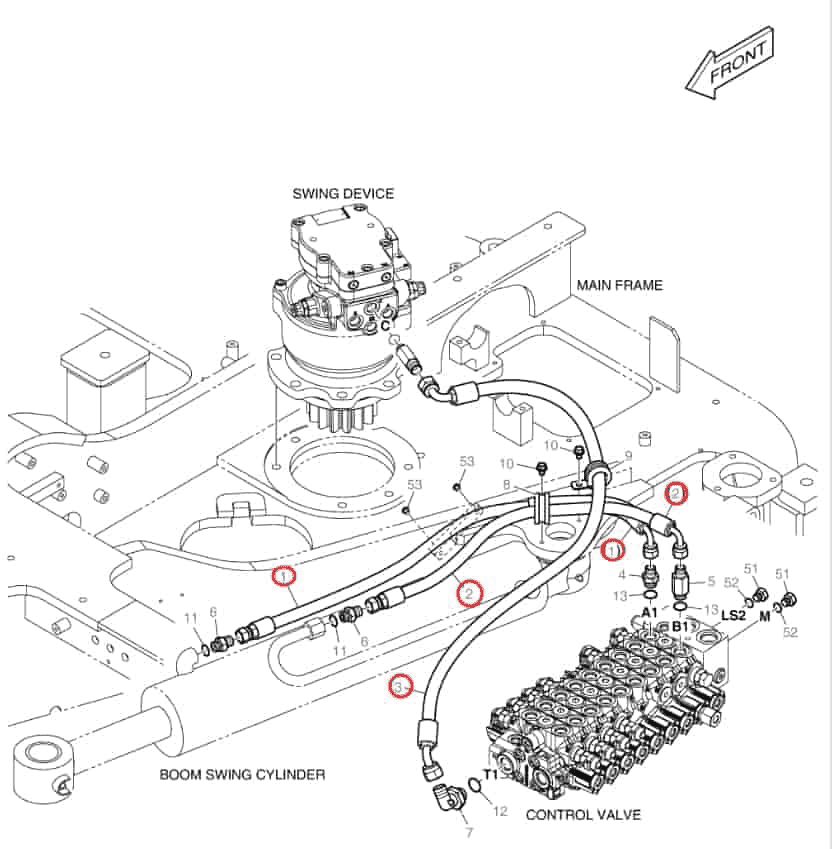 Doosan DX62R-3 installation diagram showing hydraulic hose DS20551300 at Pipe No. 1