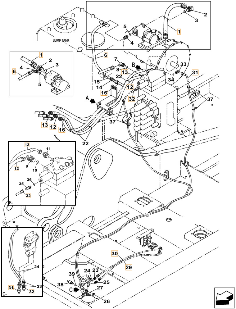 Case CX260C LC installation diagram showing hydraulic hose KHJ2089 at Pipe No. 29