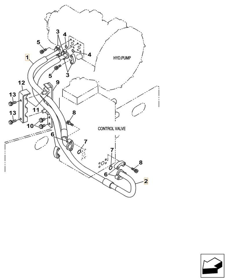 Case CX210C installation diagram showing hydraulic hose KRJ16320 at Pipe No. 1