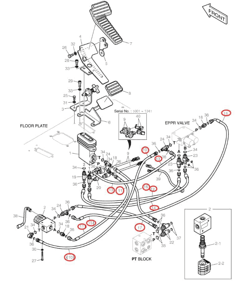 Doosan DX140LCR-5 installation diagram showing hydraulic hose DS2119114 at Pipe No. 10
