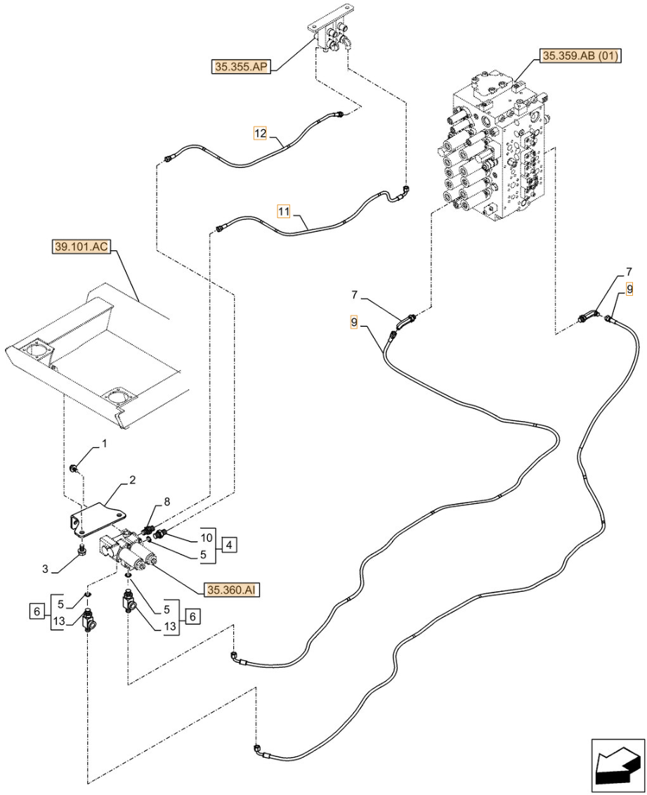 Case CX250D LC LR installation diagram showing hydraulic hose KHJ2581 at Pipe No. 9